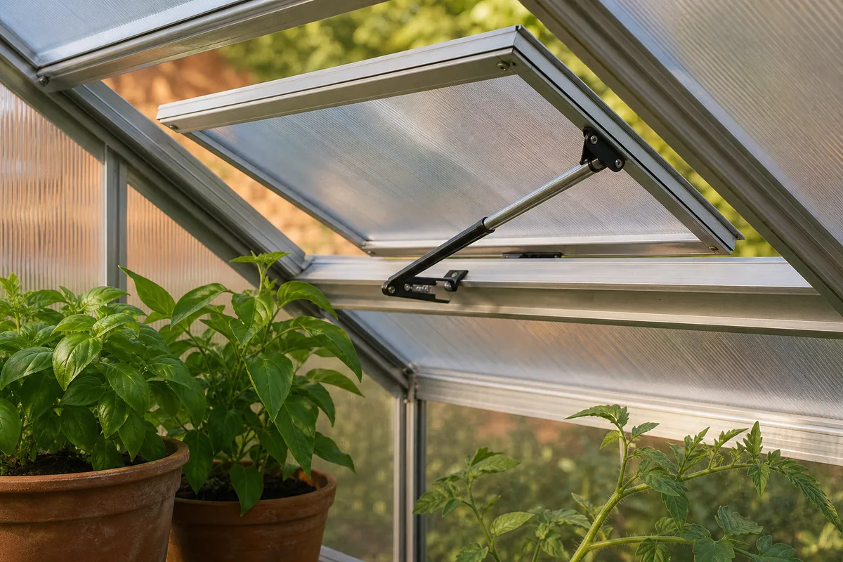Lucarne de toit ouverte sur une serre de jardin en polycarbonate, avec un vérin d'ouverture automatique visible
