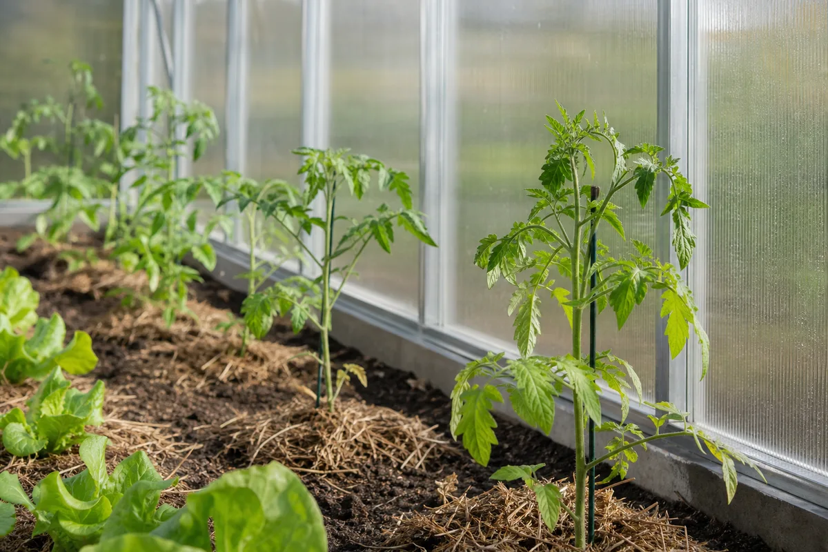 Rangs de jeunes plants espacés sous serre, avec un léger paillage au pied de chaque plant