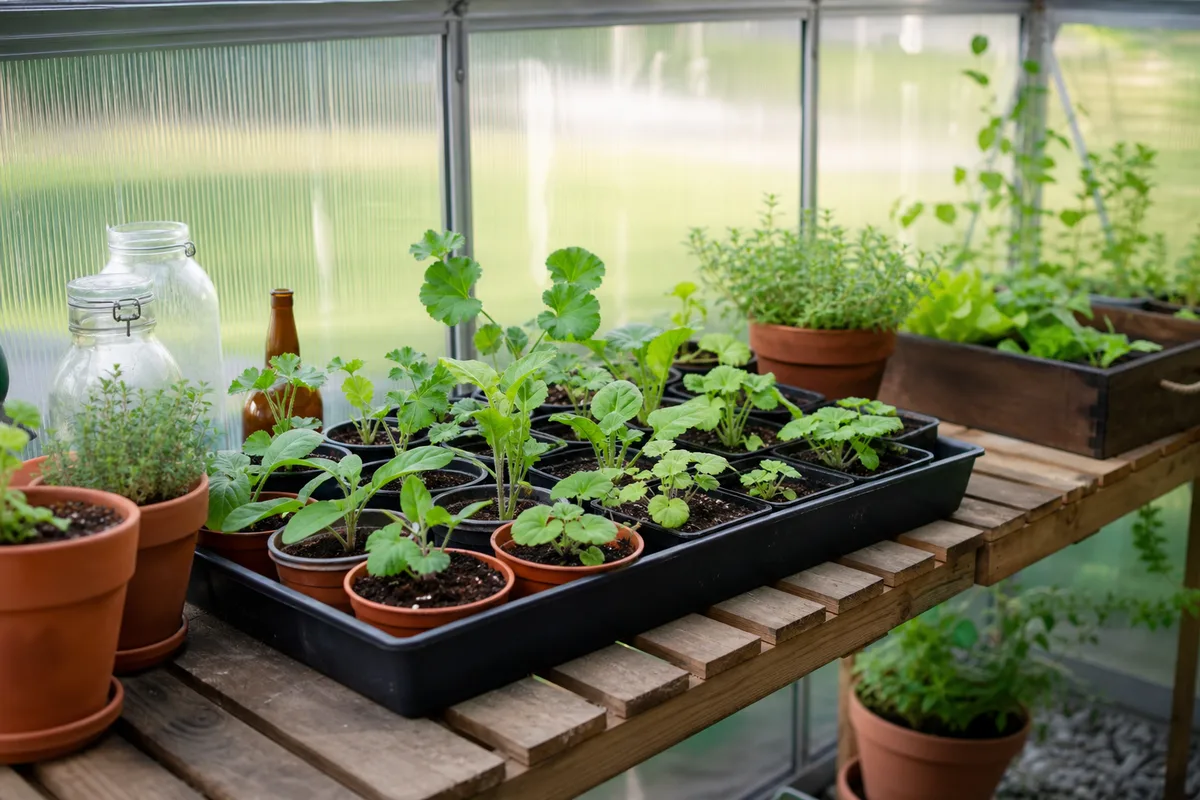 Plateaux de semis en godets alignés sur une tablette ajourée à l'intérieur d'une serre de jardin