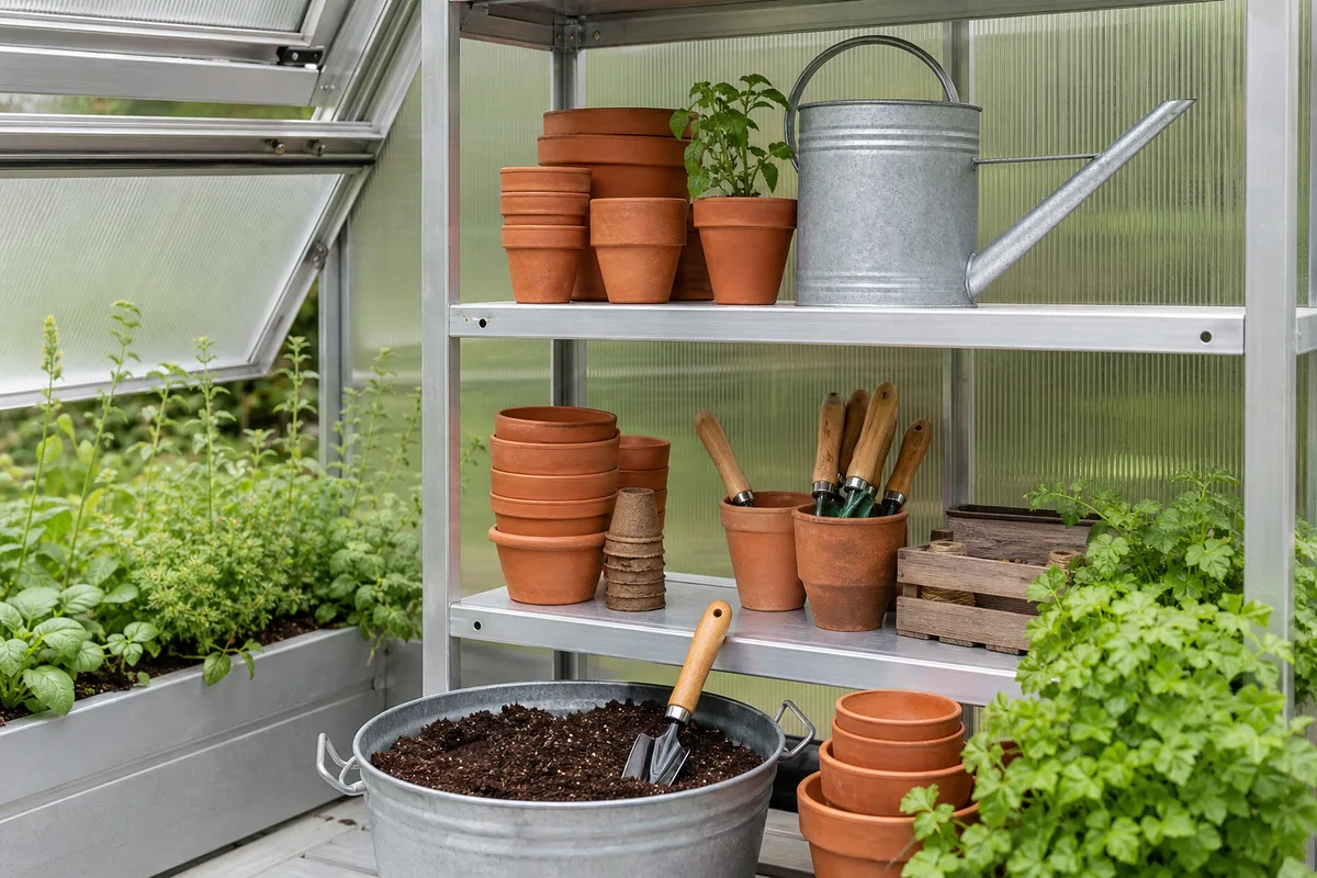 Étagère de rangement avec outils de jardinage et pots vides à l'intérieur d'une serre