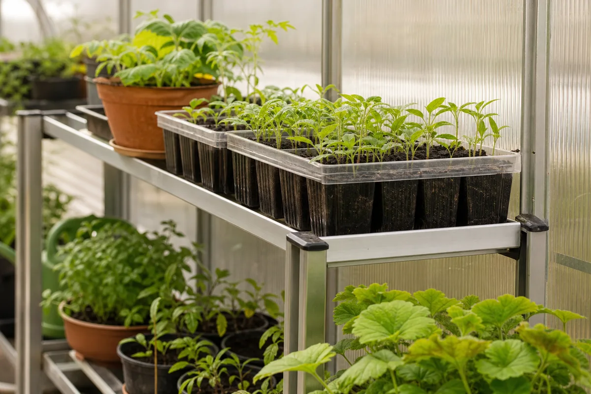 Semis en godets sur une étagère à l'intérieur d'une serre de jardin, au printemps