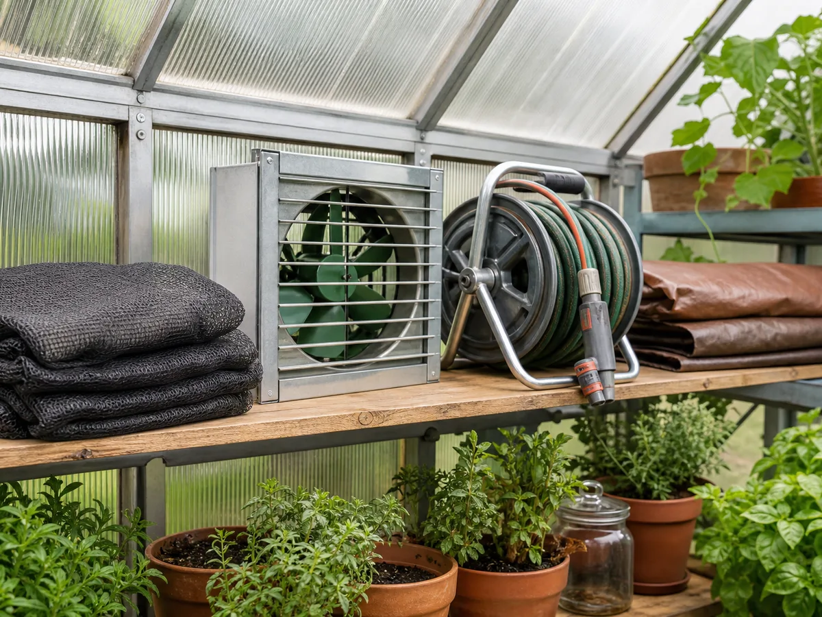 Accessoires de serre : tablette, toile d'ombrage, ventilation et arrosage