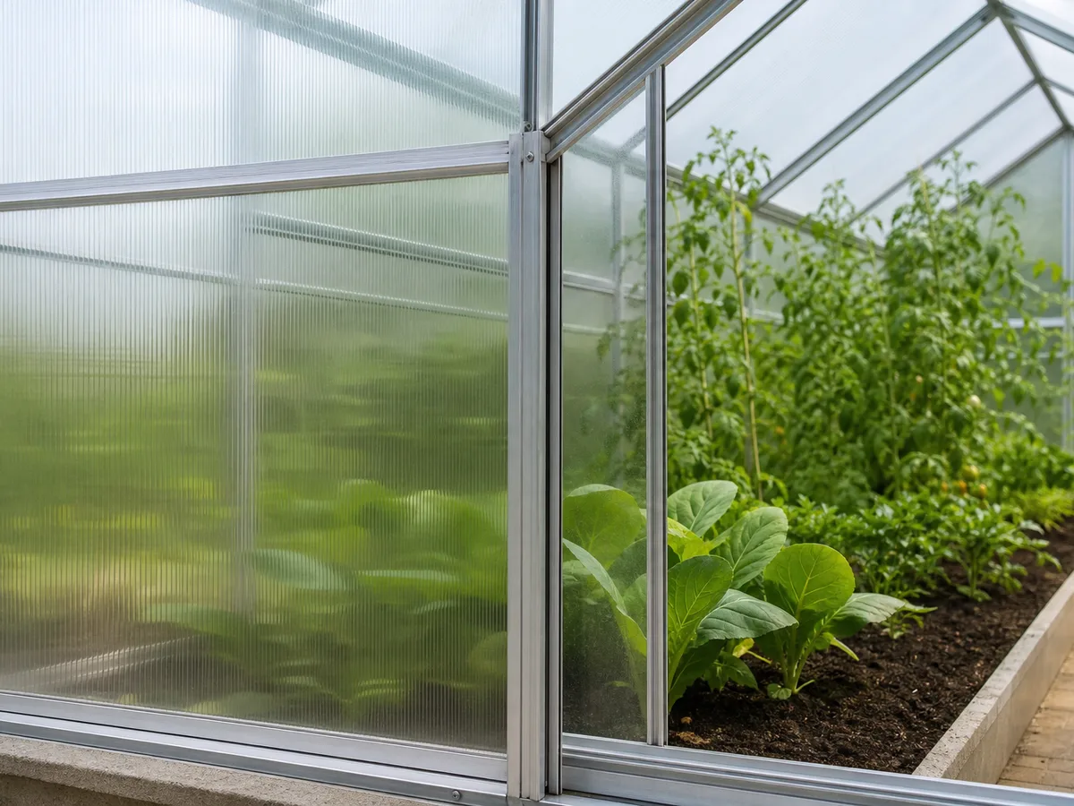 Serre de jardin en polycarbonate avec structure aluminium dans un potager familial