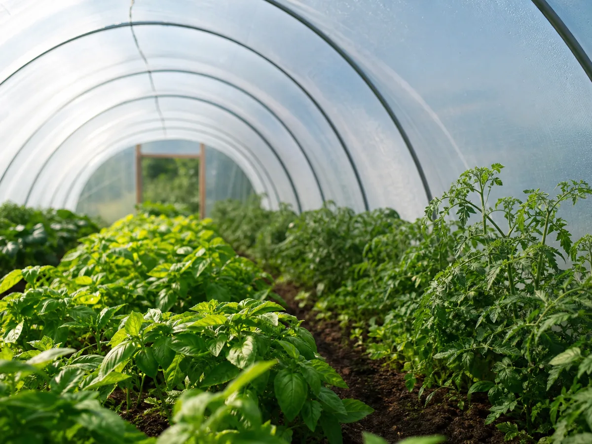 Serre tunnel avec arceaux et bâche au-dessus d'un potager