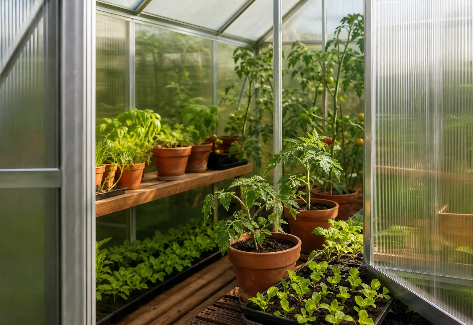 Serre de jardin en polycarbonate installée dans un potager, avec des plants en pleine croissance à l'intérieur.