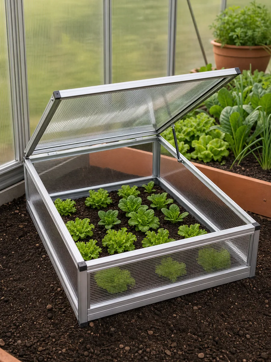 Châssis de jardin en polycarbonate posé au potager, couvercle fermé