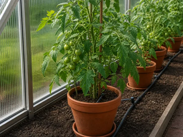 Kit d'arrosage goutte-à-goutte installé le long d'un rang de tomates sous serre