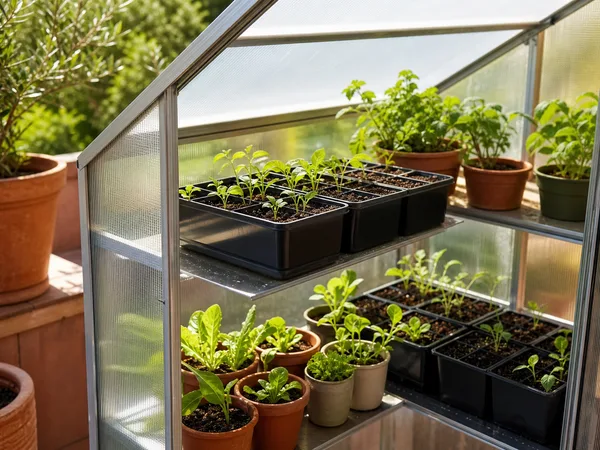 Godets de semis installés sur les étagères de la mini-serre en terrasse