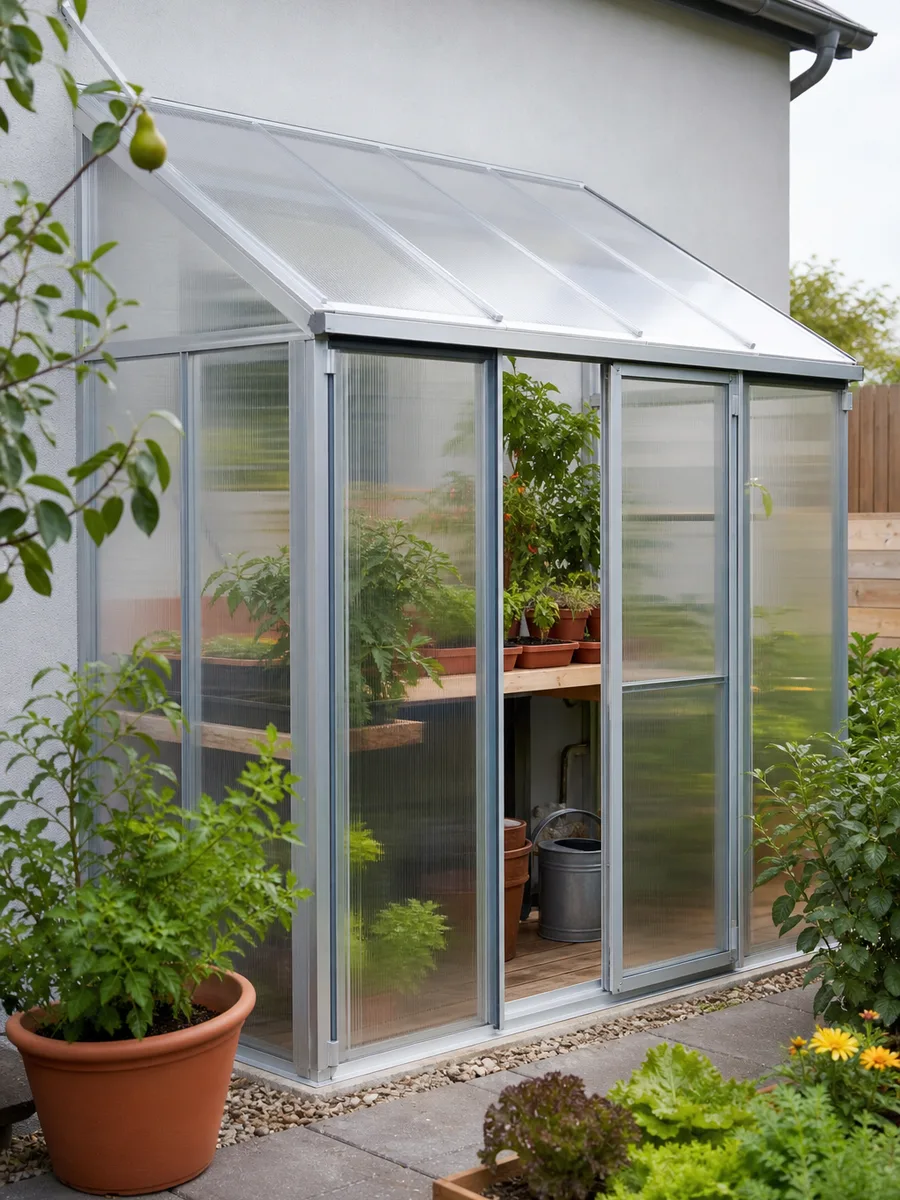 Serre adossée en polycarbonate alvéolaire installée contre un mur de maison