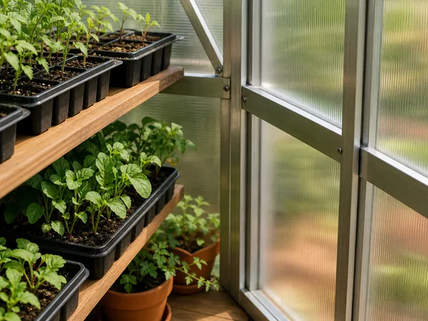 Intérieur de la serre avec des plateaux de semis sur des étagères