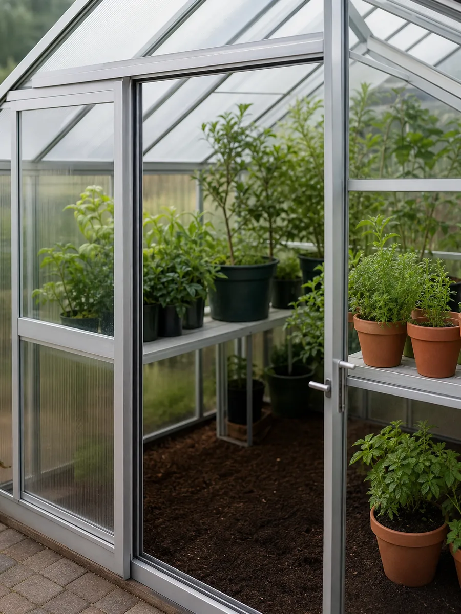 Serre de jardin en verre trempé et structure aluminium installée sur une dalle