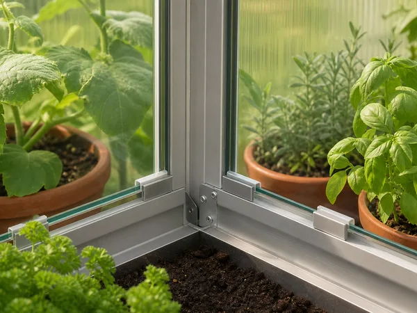 Détail du vitrage en verre trempé fixé sur l'armature aluminium renforcée