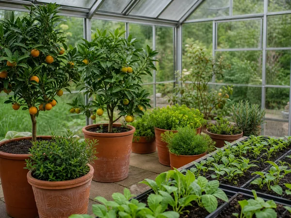 Agrumes en pot et semis de printemps cultivés à l'intérieur de la serre en verre
