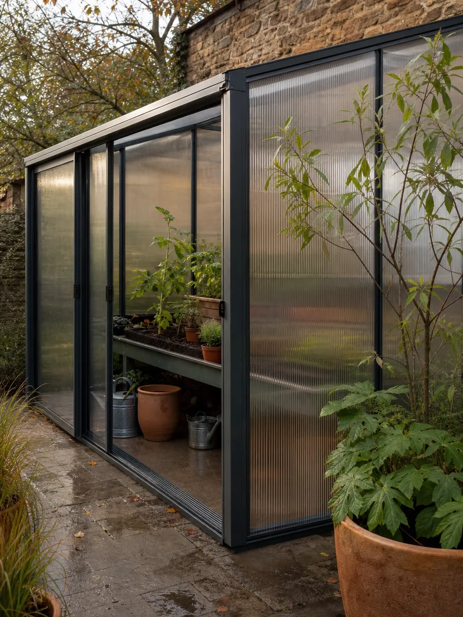 Serre de jardin en polycarbonate double paroi installée contre un mur, structure aluminium anthracite