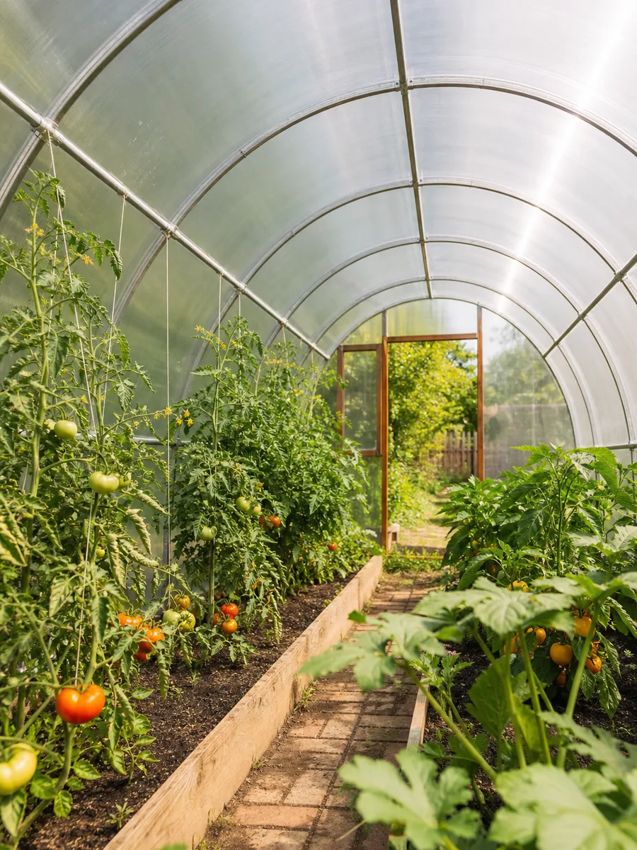 Serre tunnel de jardin installée au-dessus d'un carré de potager