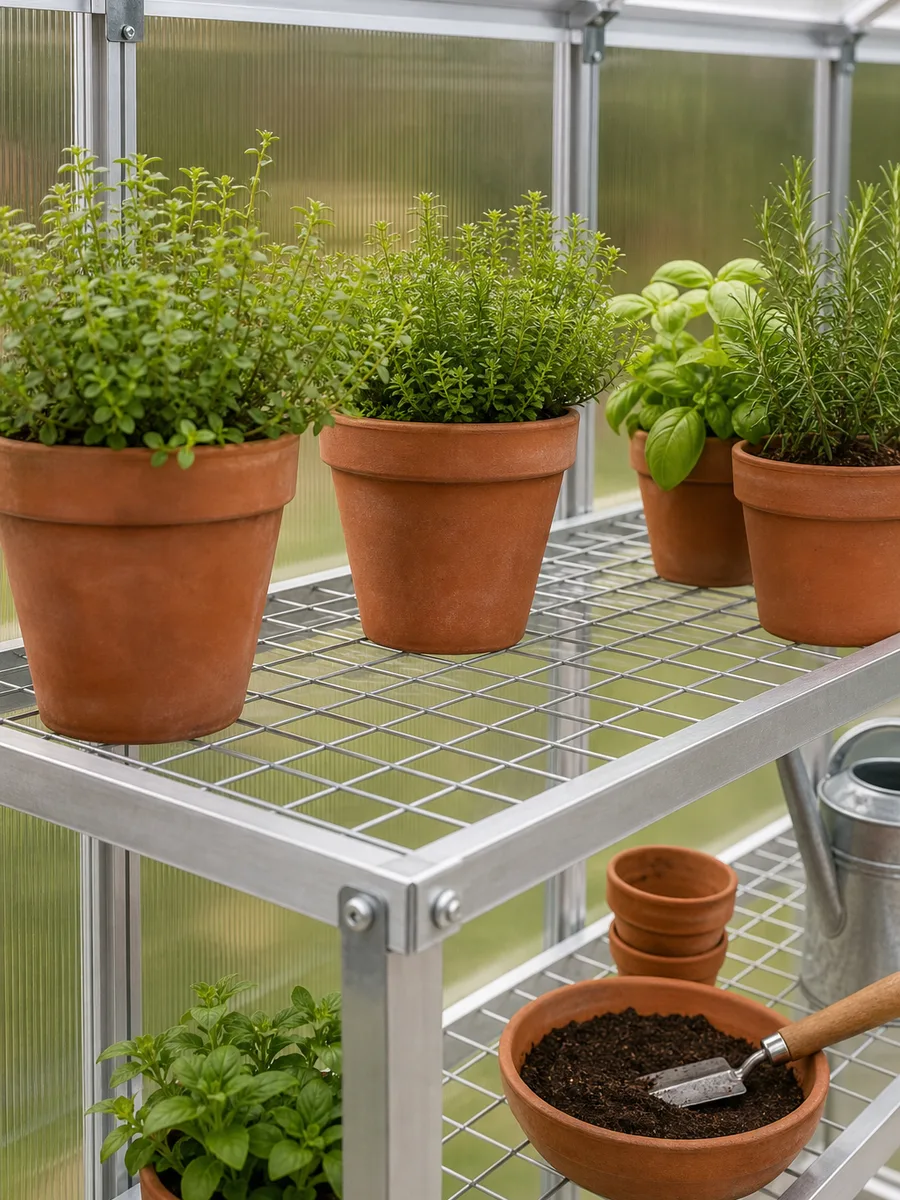 Tablette de culture en aluminium à grille ajourée pour serre de jardin