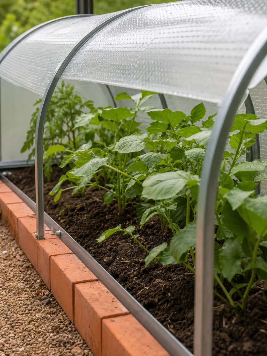 Tunnel de forçage bas installé sur un rang de légumes au potager