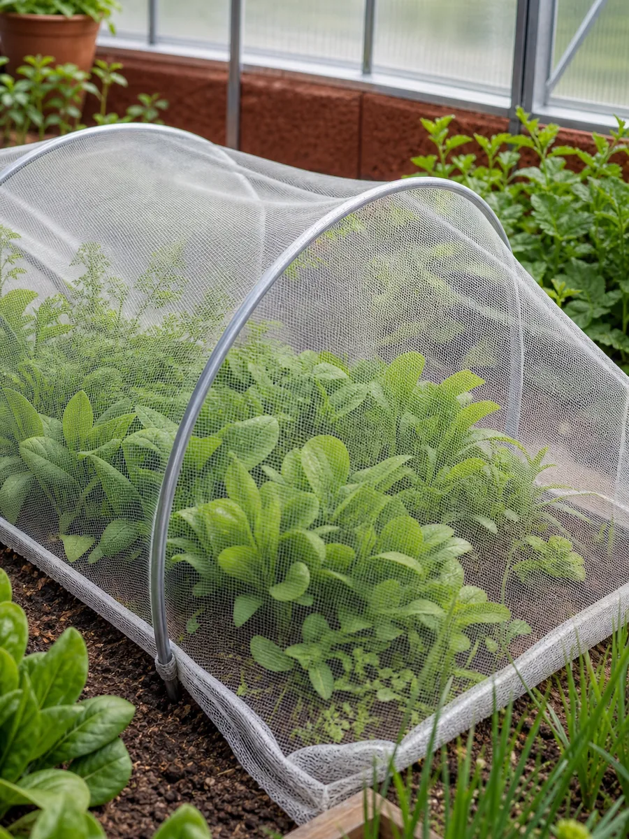 Tunnel bas à filet anti-insectes posé sur un rang de légumes au potager