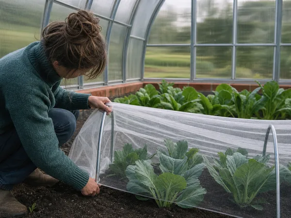 Jardinier ajustant un tunnel à filet anti-insectes sur un rang de jeunes choux